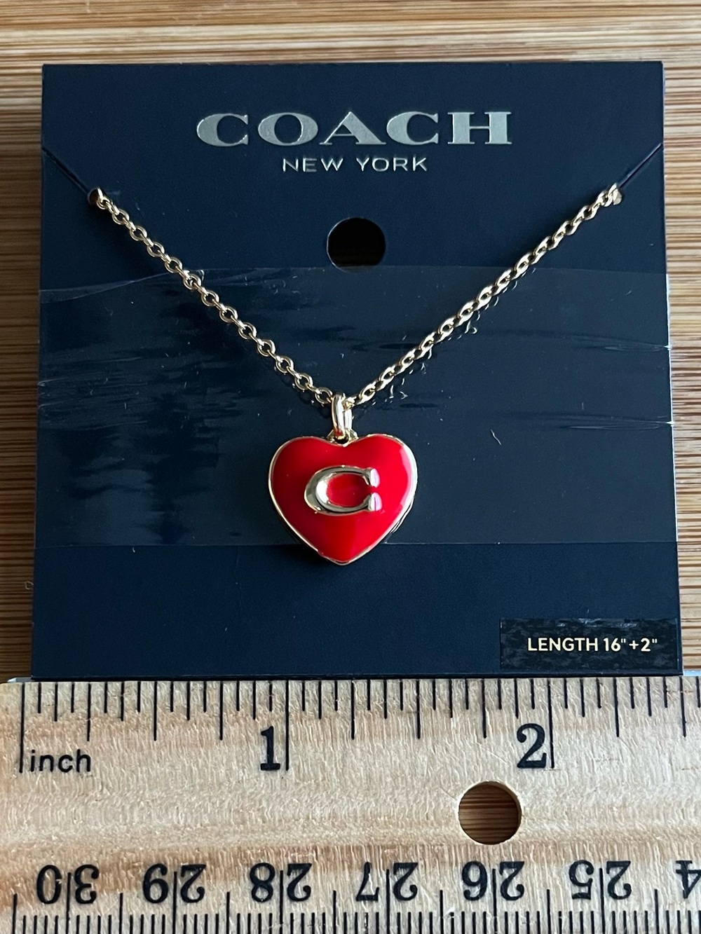 Coach Red Heart C Logo Charm Pendant Necklace Gold Tone Length 16" + 2"